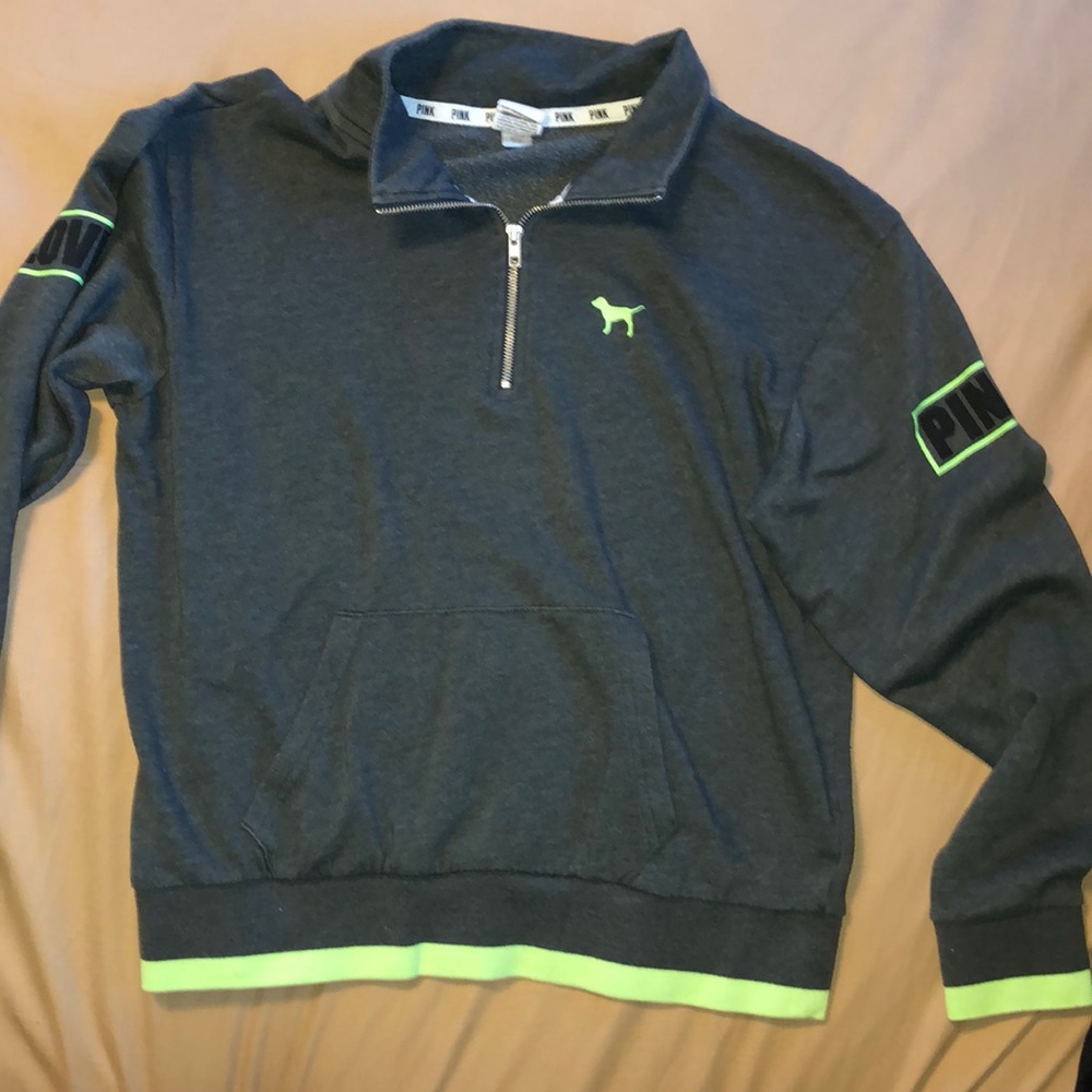 Grey and green quarter zip sweatshirt